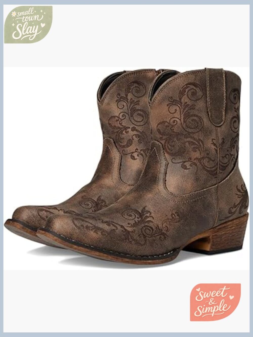 Womens Short Stuff Embroidery Snip Toe Cowboy Booties Low Heel Boots
